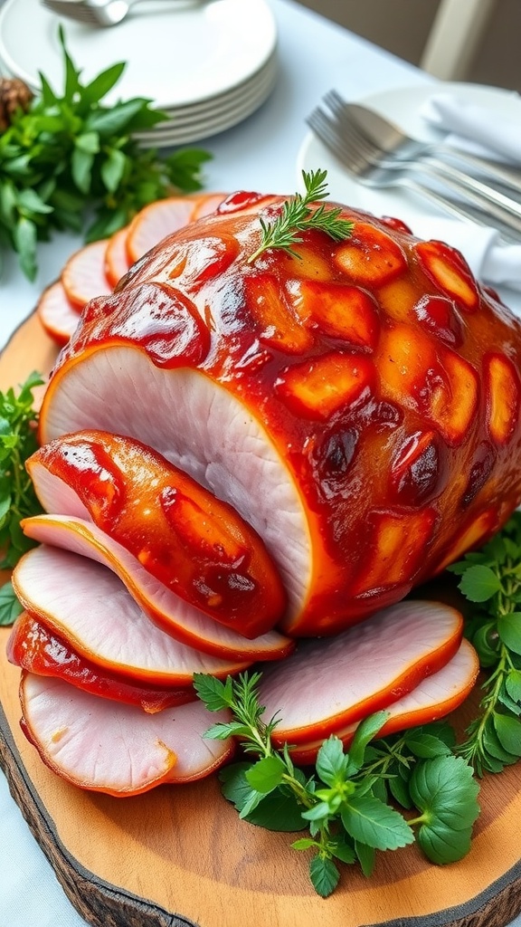 Crispy Air Fryer Ham Recipe Crispy glazed air fryer ham on a wooden platter, garnished with herbs and sliced for serving.